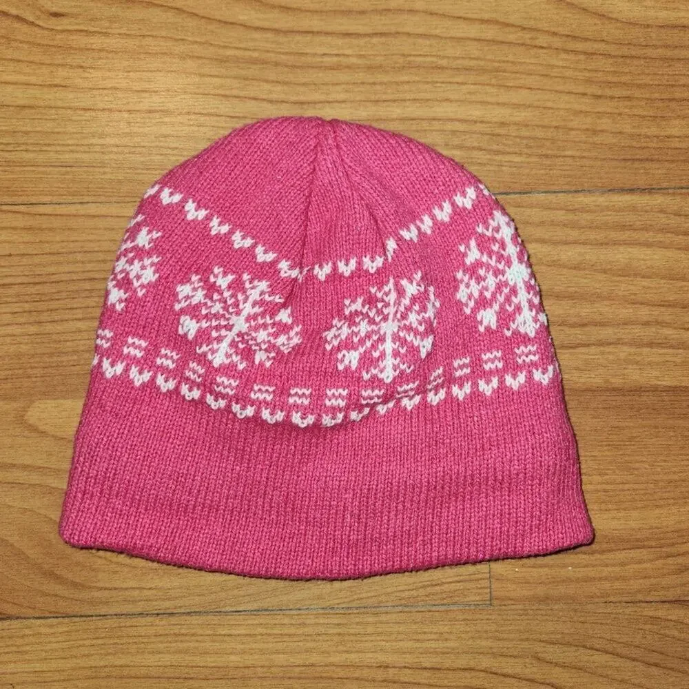 Girl's Winter Pink Snowflake Knit Beanie Cap Hat